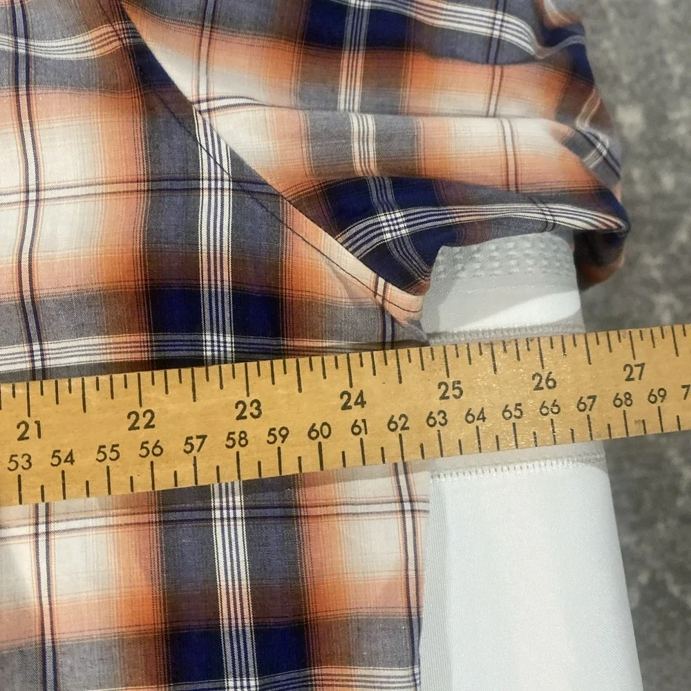 Banana Republic Mens Orange Navy Plaid Epaulette Button Down Shirt Large L